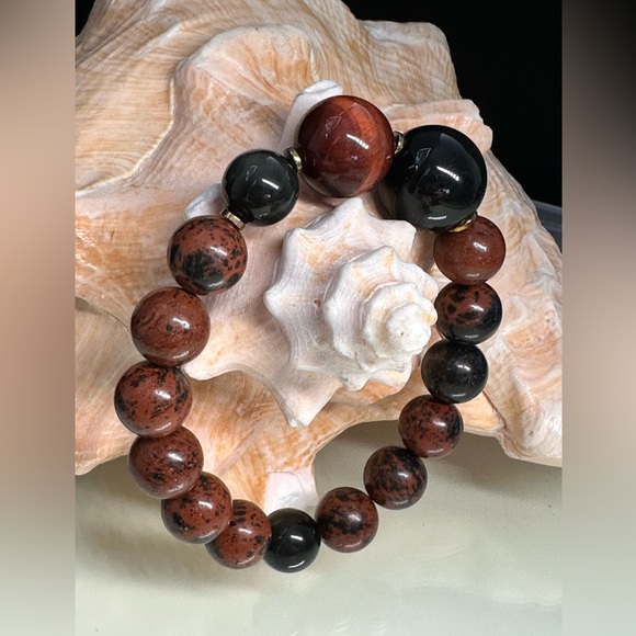 MAHOGANY OBSIDIAN + TIGERS NATURAL BRACELET Sz 7” - Picture 2 of 13